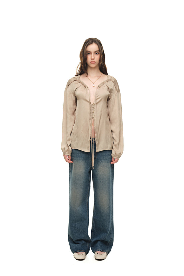 FRILL TRIM TIE BLOUSE (BEIGE)