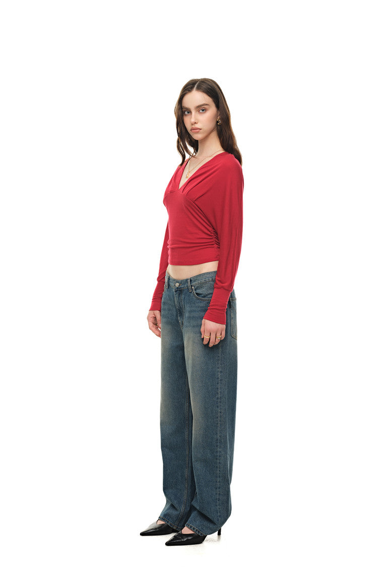 DEEP V-NECK SHIRRING TOP (RED)