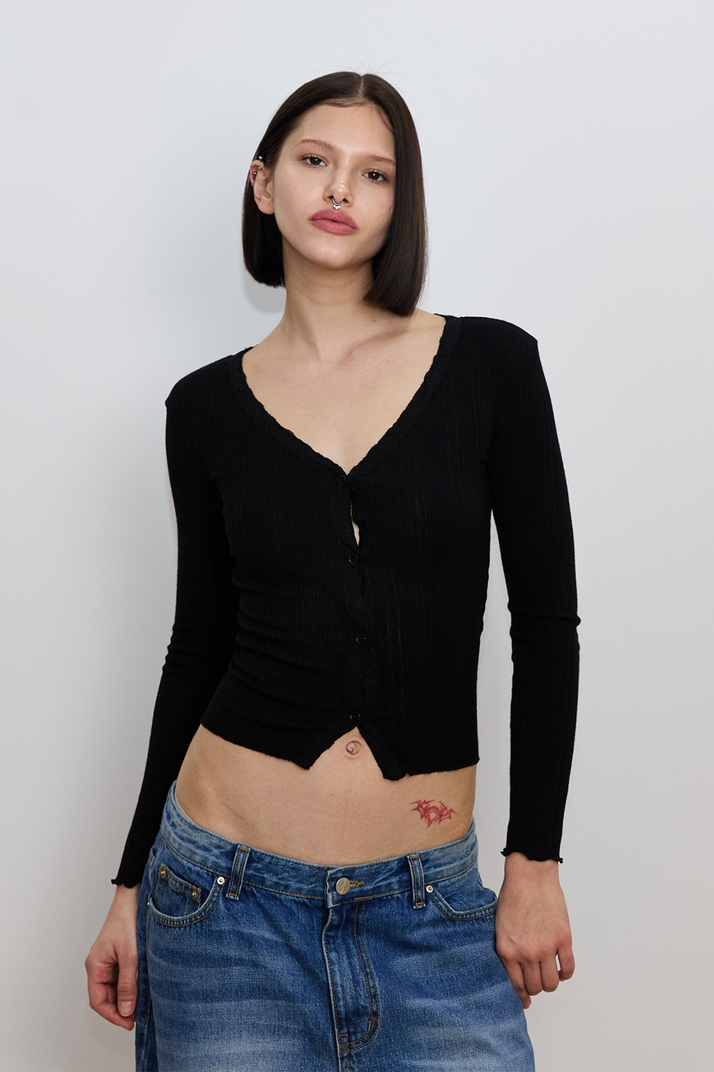 LACE RIBBED CARDIGAN (BLACK)