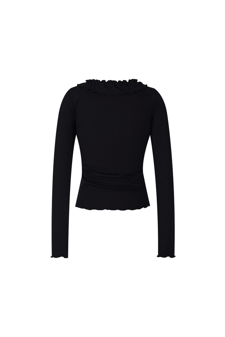 FRILL TRIM V-NECK CARDIGAN (BLACK)