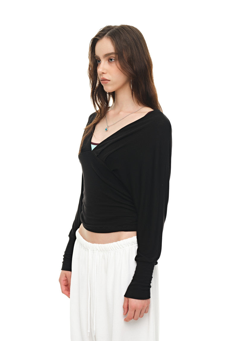 DEEP V-NECK SHIRRING TOP (BLACK)