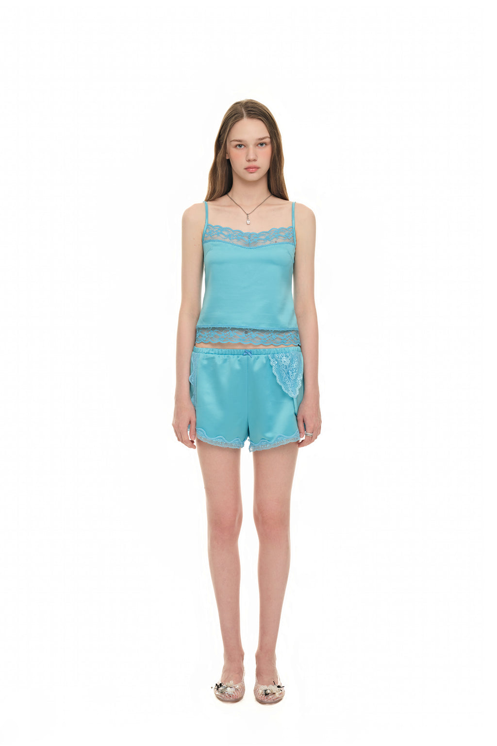 ASYMMETRIC LACE TRIM SLIP SHORTS (BLUE)