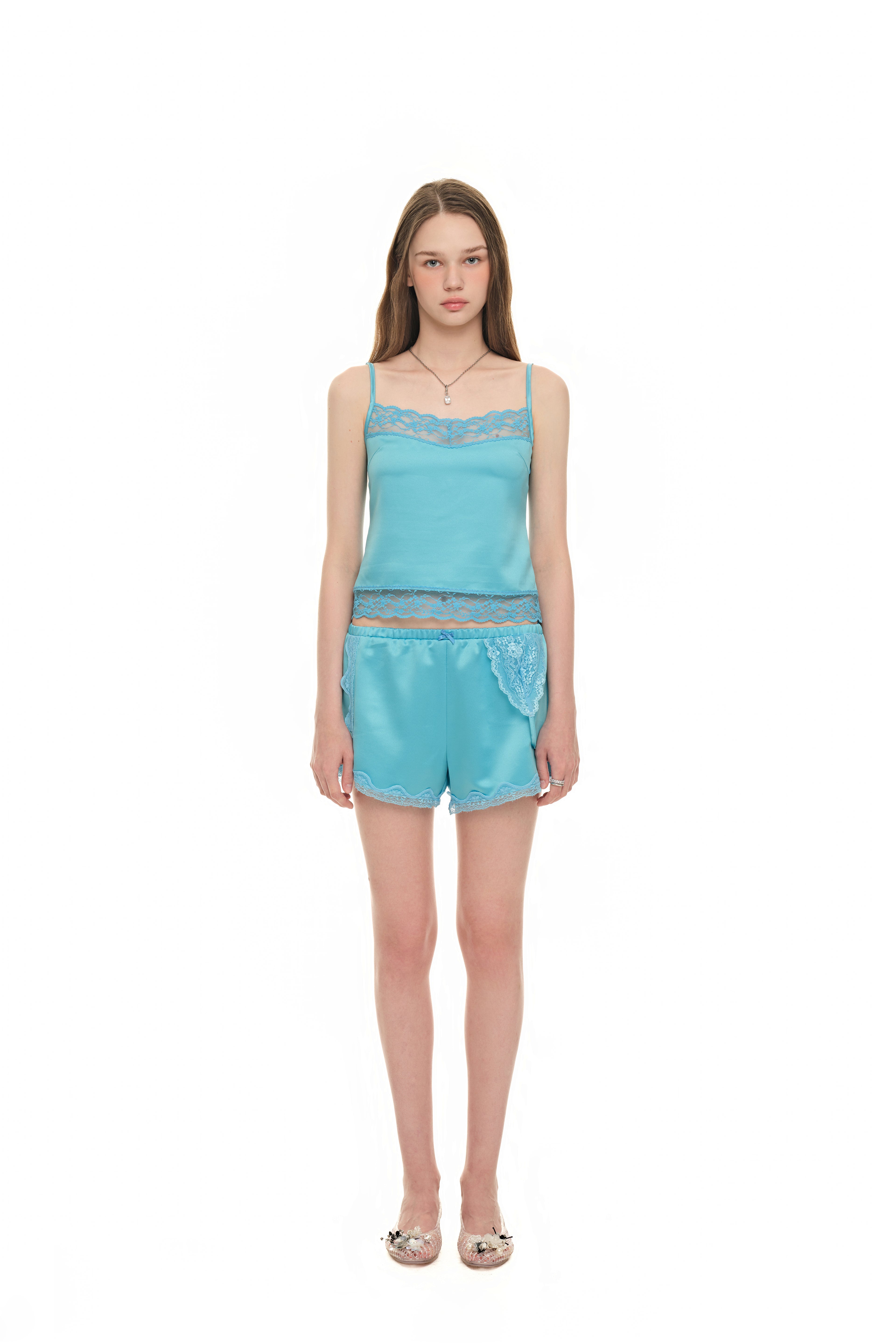 ASYMMETRIC LACE TRIM SLIP SHORTS (BLUE)