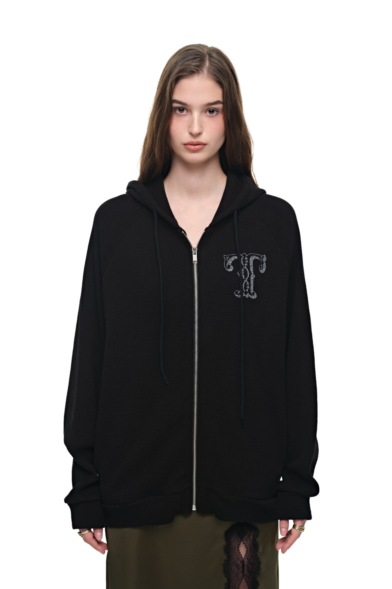 LEO HOTFIX WAFFLE ZIP-UP HOODIE (BLACK)