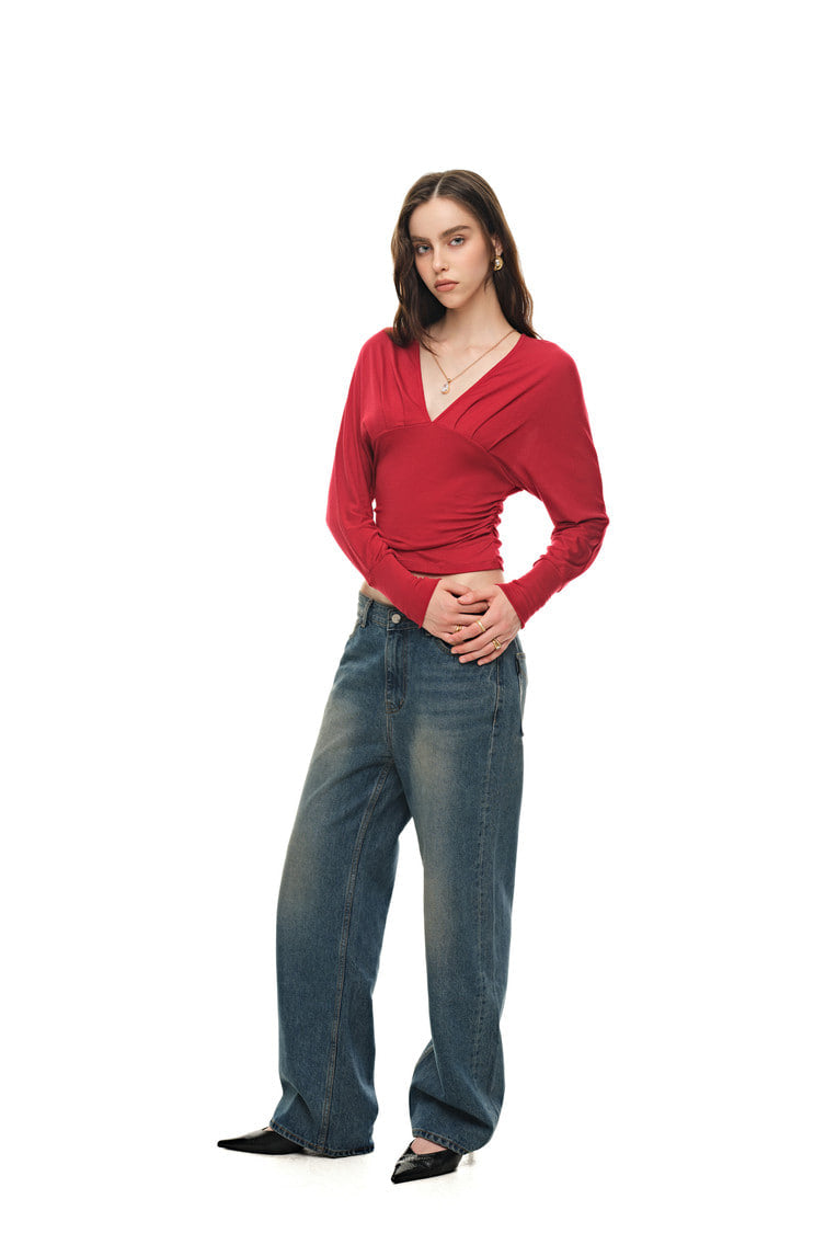 DEEP V-NECK SHIRRING TOP (RED)