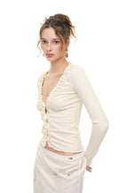 FRILL TRIM V-NECK CARDIGAN (IVORY)