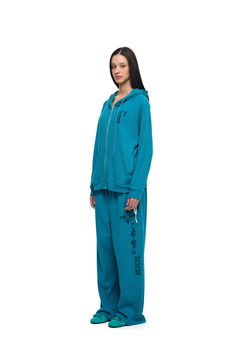 LEO HOTFIX WAFFLE ZIP-UP HOODIE (TEAL)