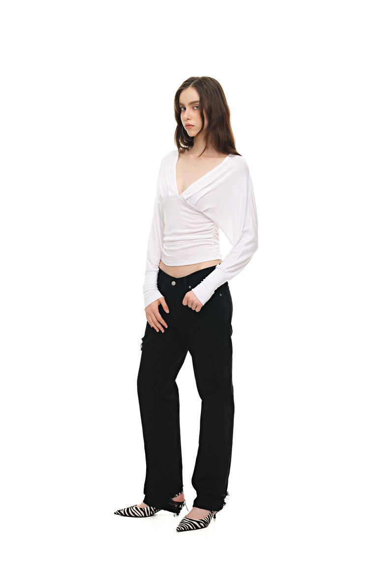 DEEP V-NECK SHIRRING TOP (WHITE)