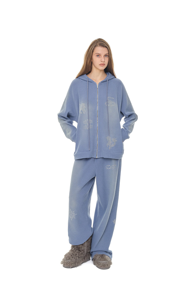 ZODIAC HOTFIX WAFFLE ZIP-UP HOODIE (WASHED BLUE)