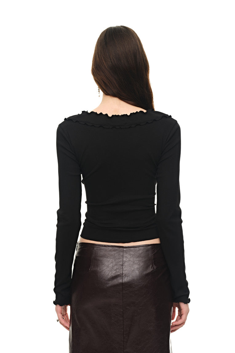 FRILL TRIM V-NECK CARDIGAN (BLACK)