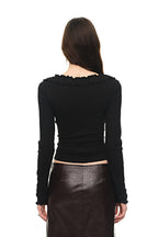 FRILL TRIM V-NECK CARDIGAN (BLACK)