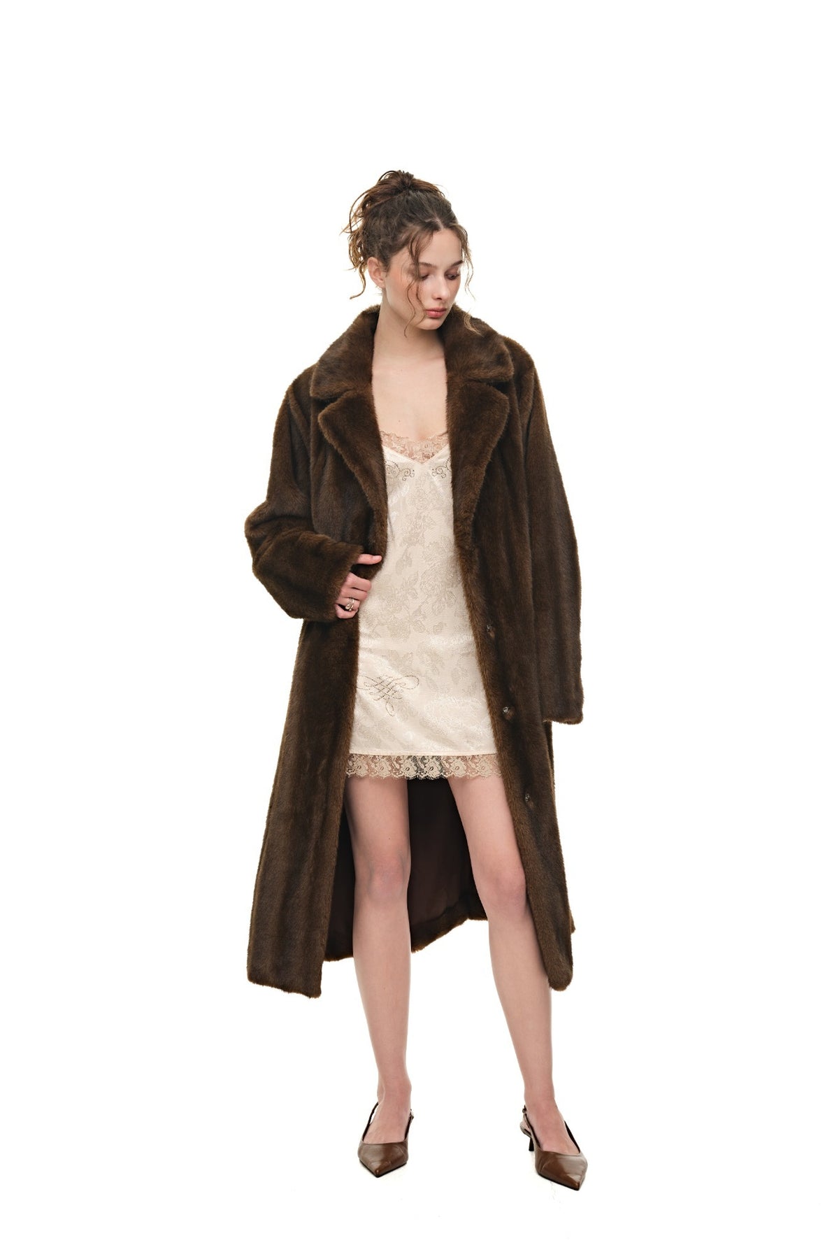 FAUX FUR LONG COAT (BROWN) - 1