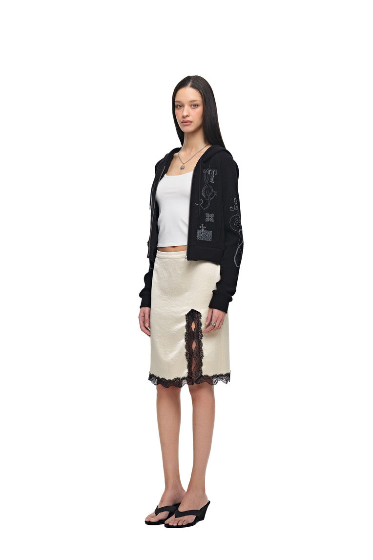 FOLK PATTERN CROP WAFFLE ZIP-UP HOODIE (BLACK)