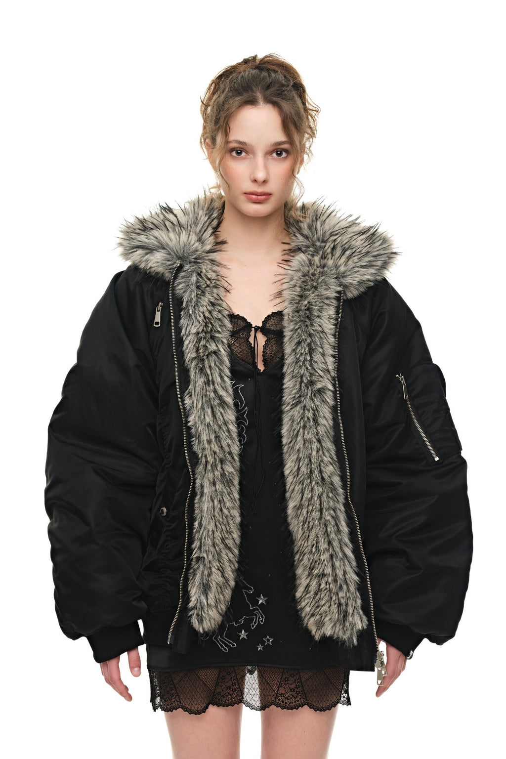 FAUX FUR 02 BOMBER JACKET (BLACK) - 1