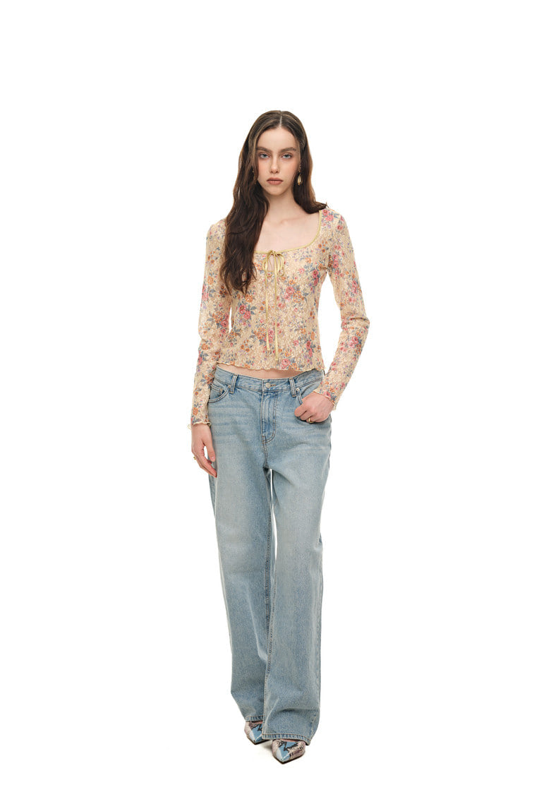 METALLIC FLORAL KEYHOLE TIE TOP (YELLOW)