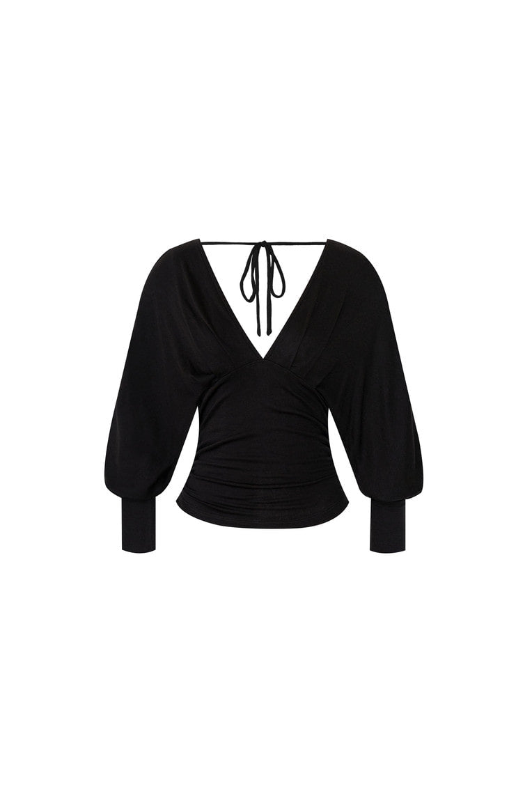 DEEP V-NECK SHIRRING TOP (BLACK)