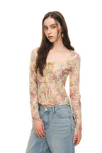 METALLIC FLORAL KEYHOLE TIE TOP (YELLOW)