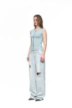 MOTHER OF PEARL BUTTON SLEEVELESS TOP (LIGHT BLUE)