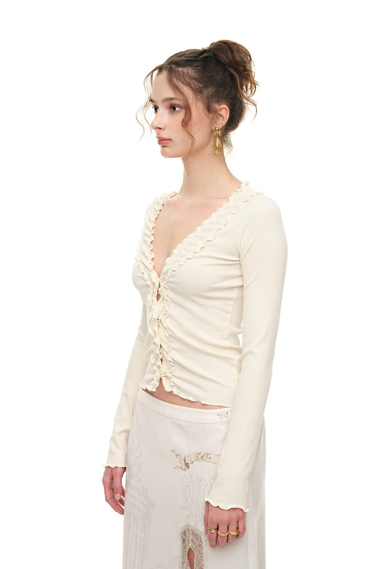 FRILL TRIM V-NECK CARDIGAN (IVORY)