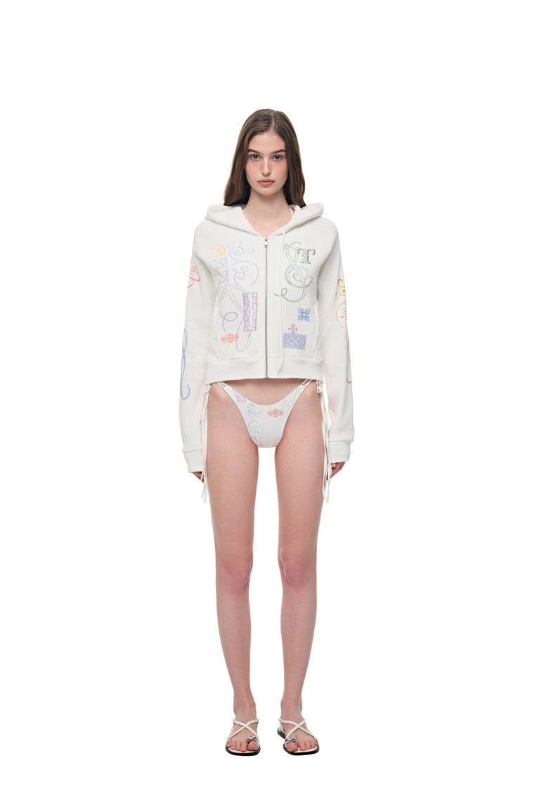 FOLK PATTERN CROP WAFFLE ZIP-UP HOODIE (WHITE)