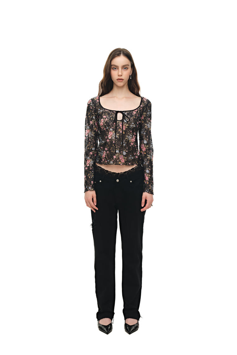 METALLIC FLORAL KEYHOLE TIE TOP (BLACK)