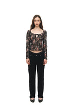 METALLIC FLORAL KEYHOLE TIE TOP (BLACK)