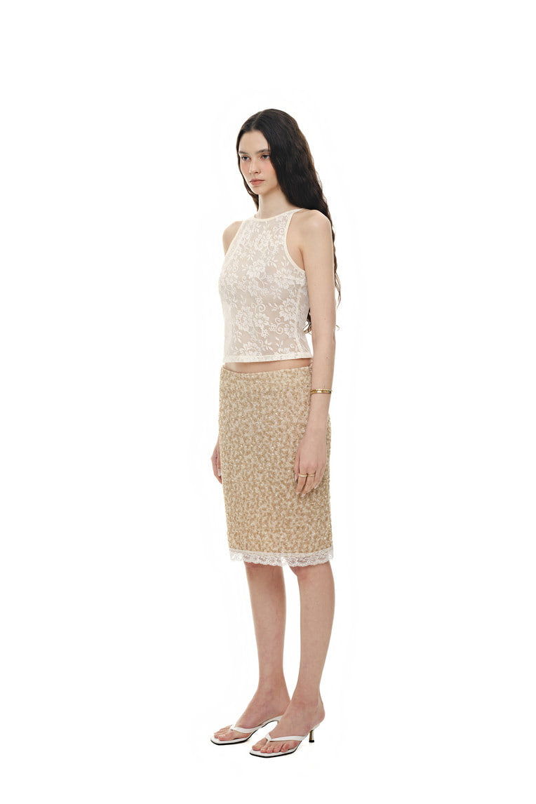 LACE POINT SPARKLE MIDI SKIRT (BEIGE)