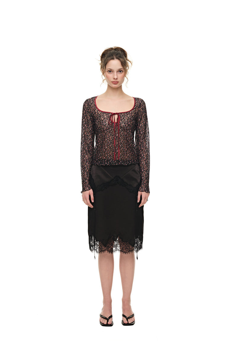 METALLIC FLORAL 02 KEYHOLE TIE TOP (RED) - 2