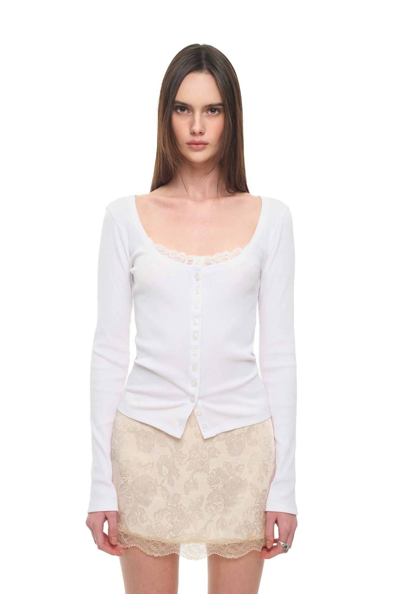 SCOOP NECK LACE TRIMMING CARDIGAN (WHITE)