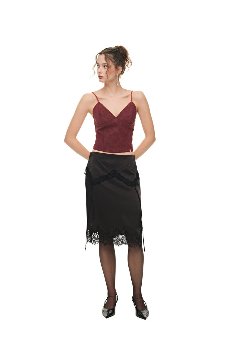 LACE TRIM GARTER MIDI SKIRT (BLACK)