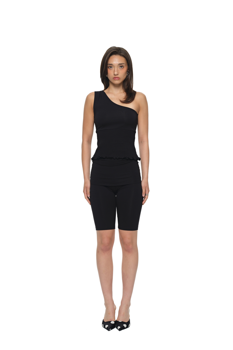 SMOCKED ONE SHOULDER TOP (BLACK)