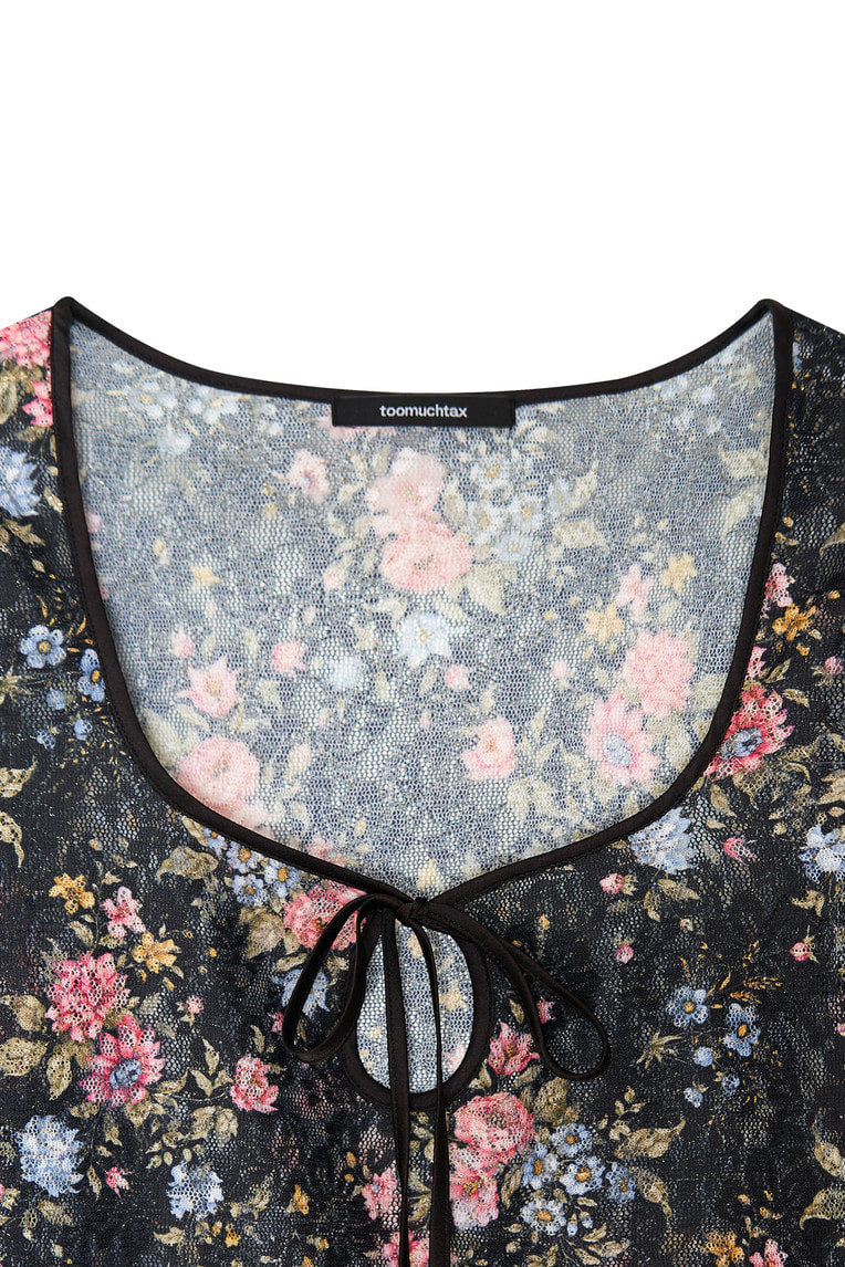 METALLIC FLORAL KEYHOLE TIE TOP (BLACK)