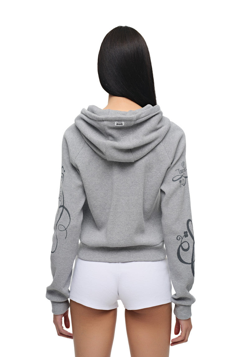 FOLK PATTERN 02 CROP WAFFLE ZIP-UP HOODIE (MELANGE GREY)