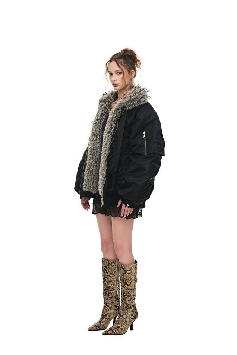 FAUX FUR 02 BOMBER JACKET (BLACK) - 3
