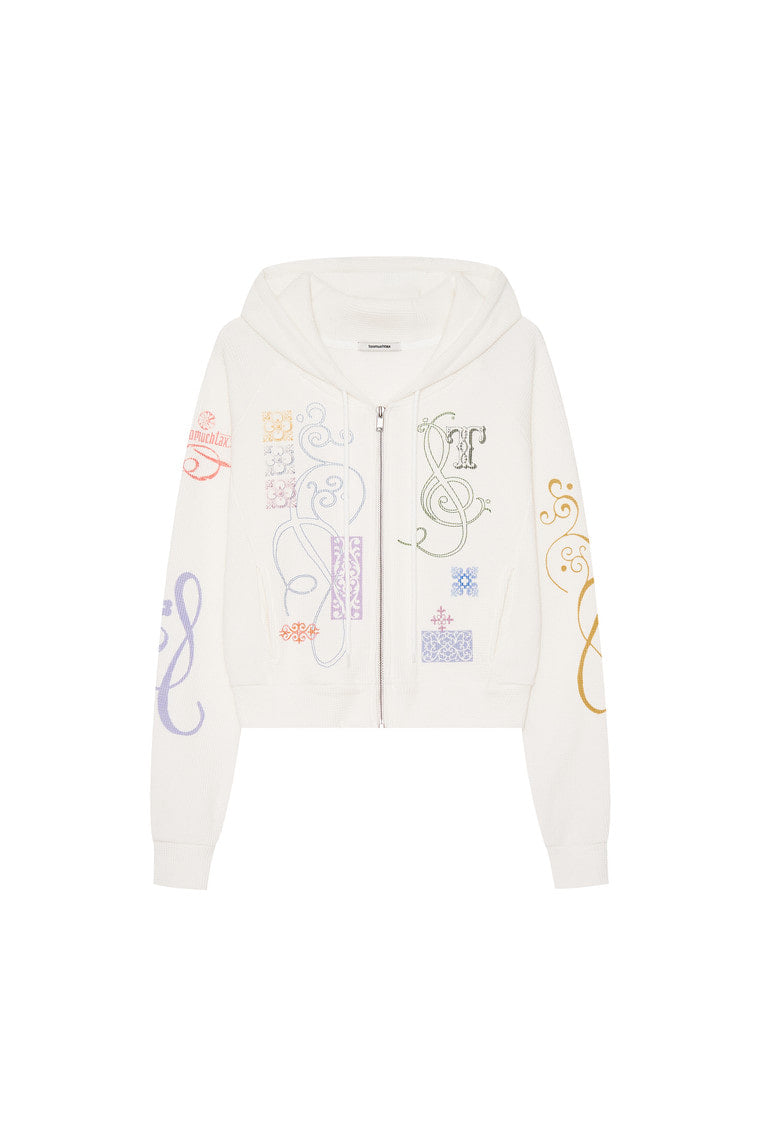 FOLK PATTERN CROP WAFFLE ZIP-UP HOODIE (WHITE)