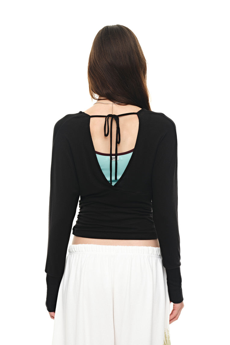 DEEP V-NECK SHIRRING TOP (BLACK)