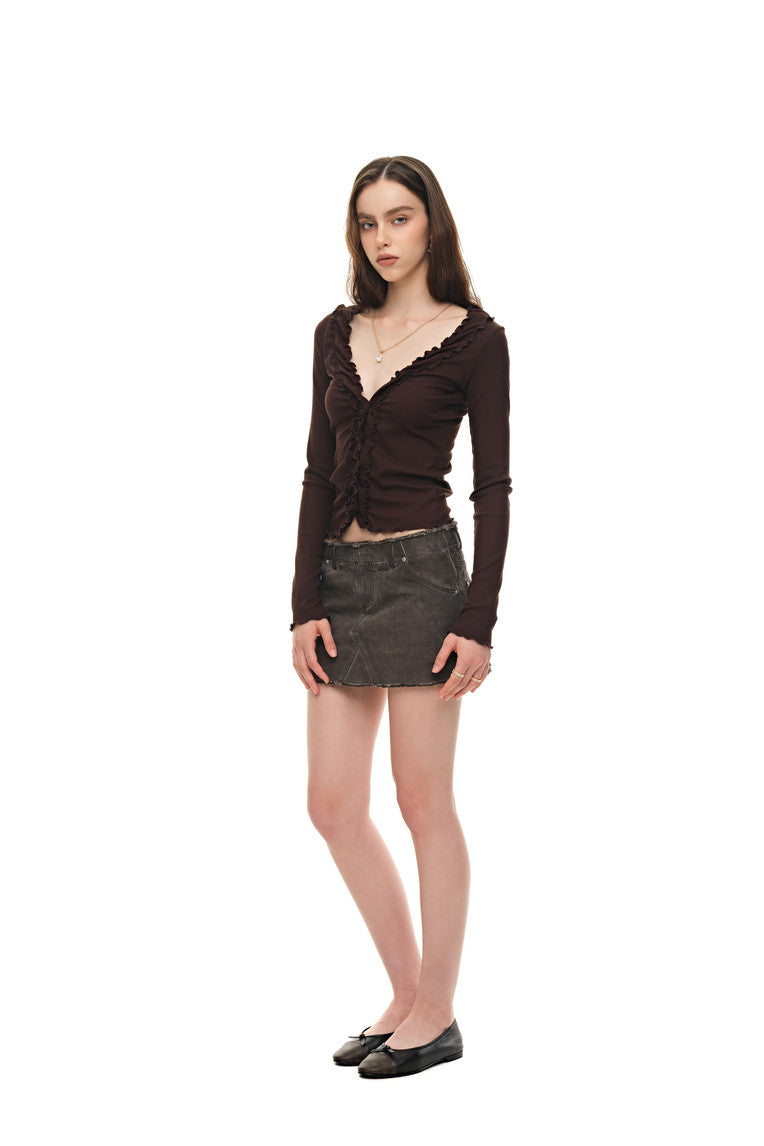 FRILL TRIM V-NECK CARDIGAN (BROWN)