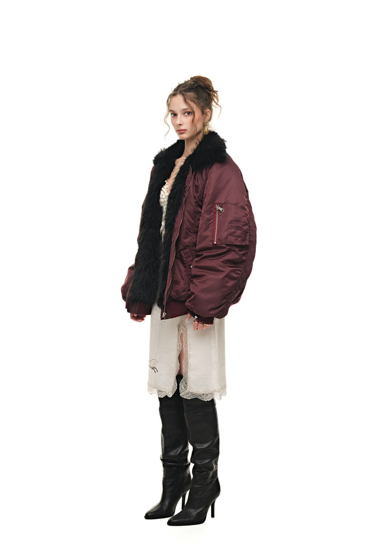 FAUX FUR 02 BOMBER JACKET (BURGUNDY) - 3
