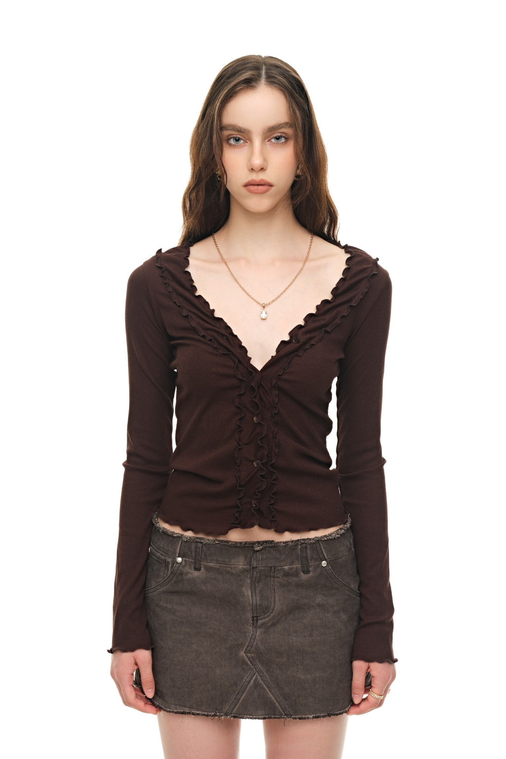 FRILL TRIM V-NECK CARDIGAN (BROWN)