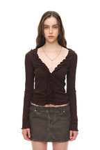 FRILL TRIM V-NECK CARDIGAN (BROWN)