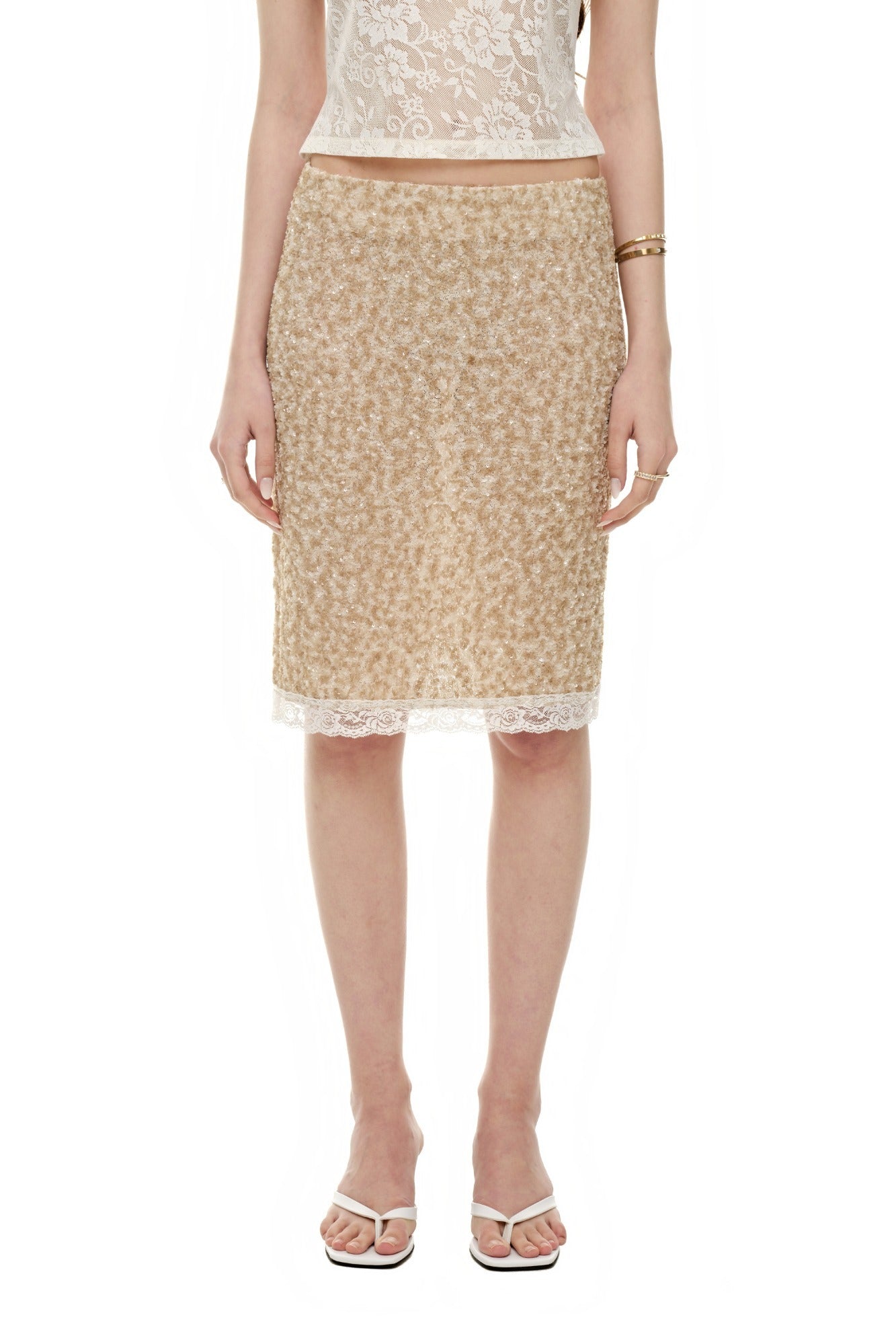 LACE POINT SPARKLE MIDI SKIRT (BEIGE)