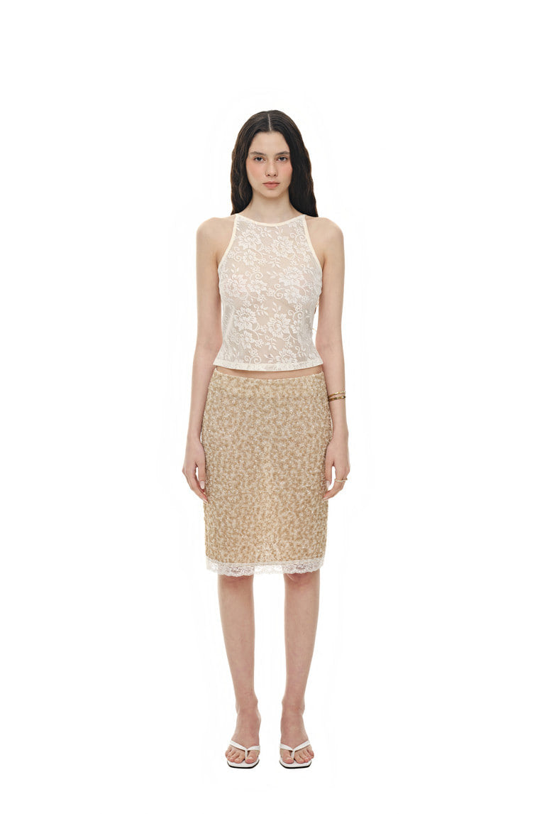 LACE POINT SPARKLE MIDI SKIRT (BEIGE)
