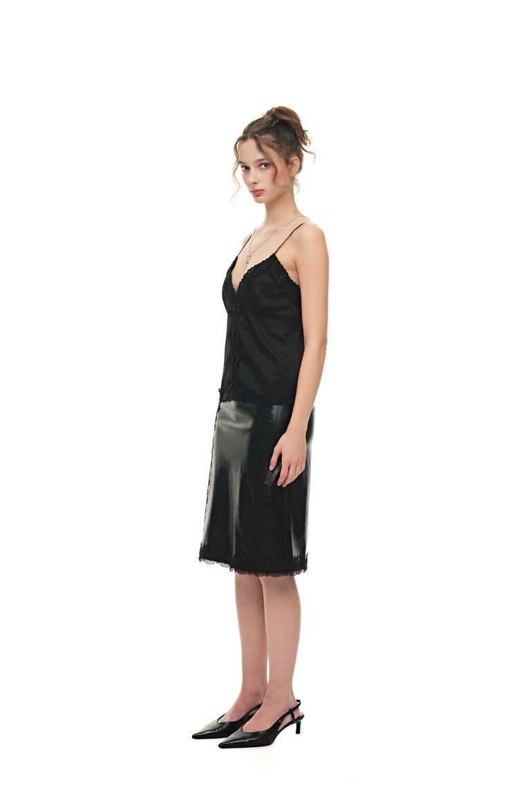 LACE POINT LEATHER MIDI SKIRT (BLACK)