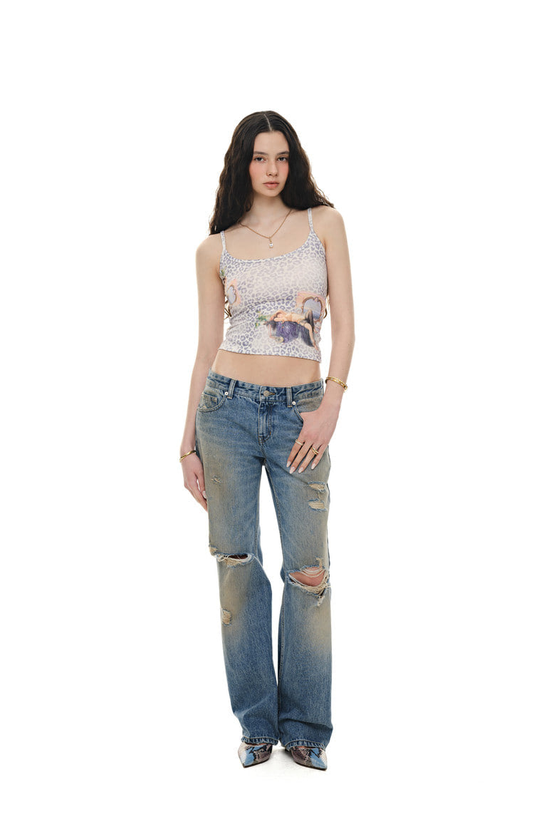 低腰直筒破損牛仔褲（深藍）