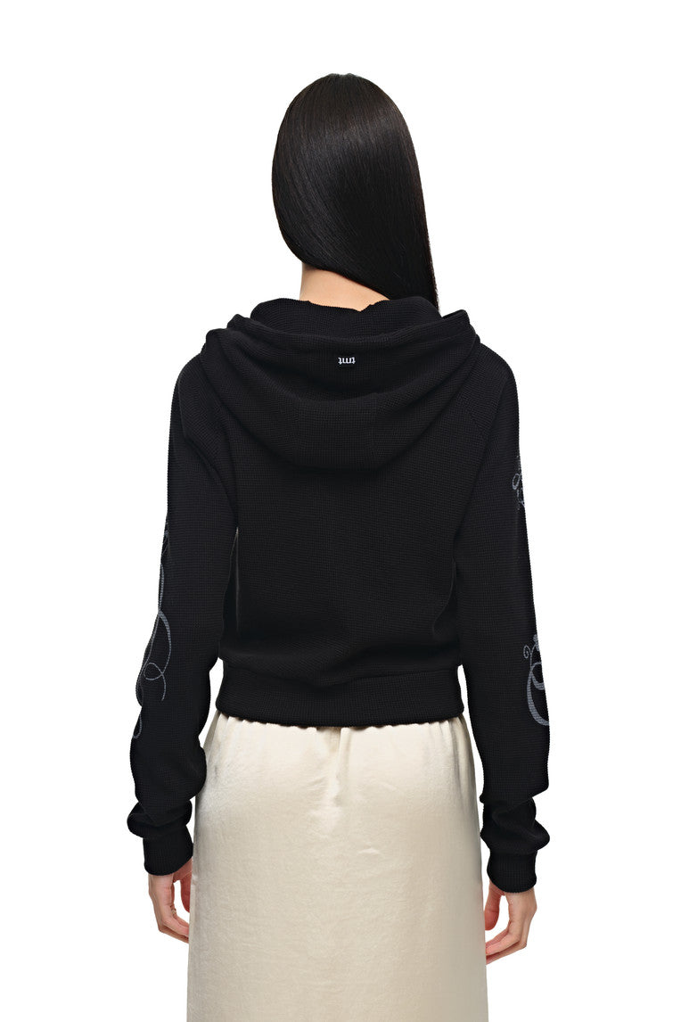 FOLK PATTERN CROP WAFFLE ZIP-UP HOODIE (BLACK)