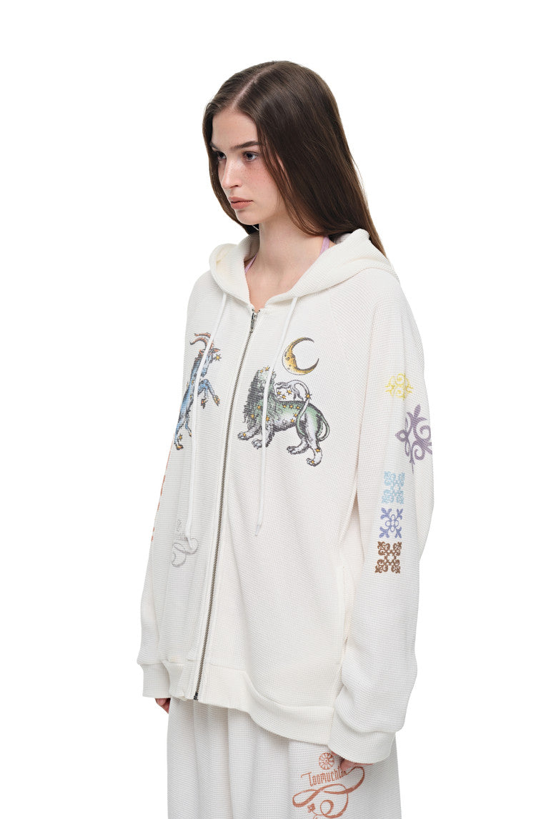 TWIN ZODIAC WAFFLE ZIP-UP HOODIE (WHITE)