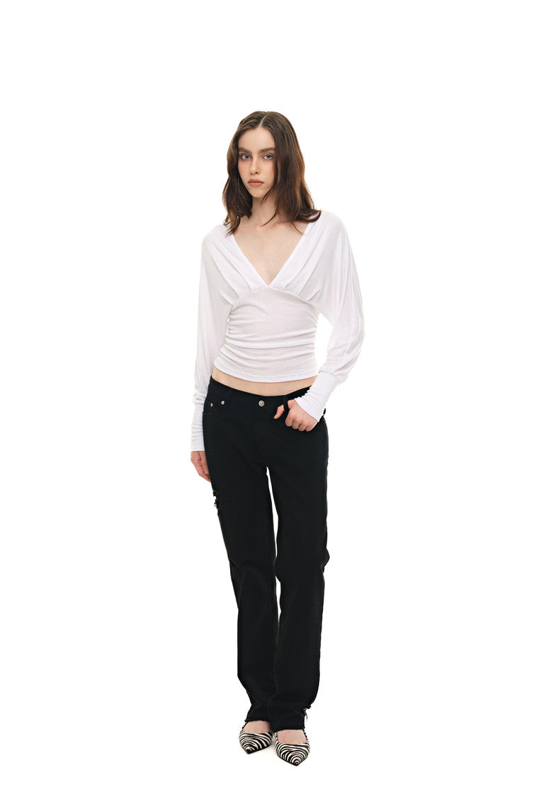DEEP V-NECK SHIRRING TOP (WHITE)