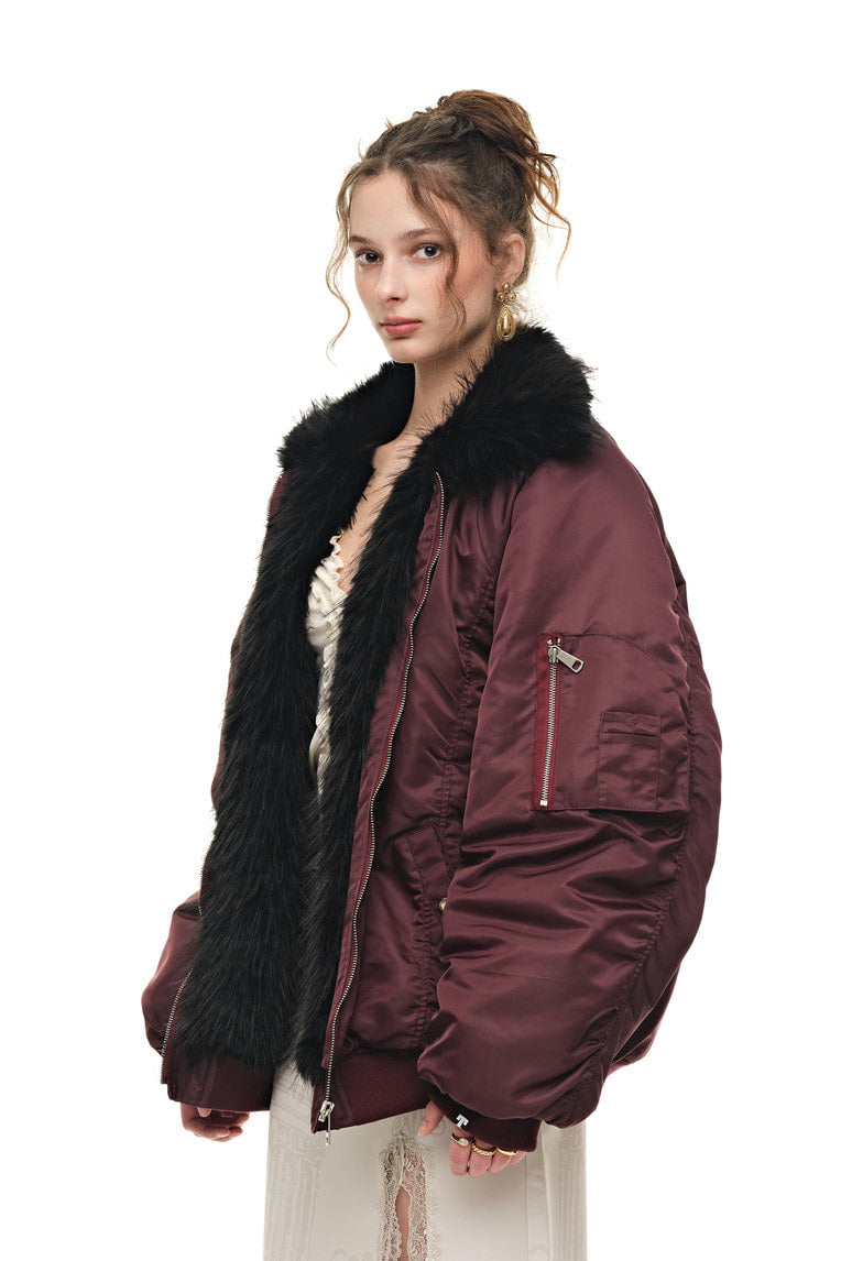 FAUX FUR 02 BOMBER JACKET (BURGUNDY) - 9