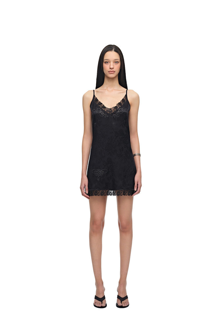 FLORAL HOTFIX MINI SLIP DRESS (BLACK)