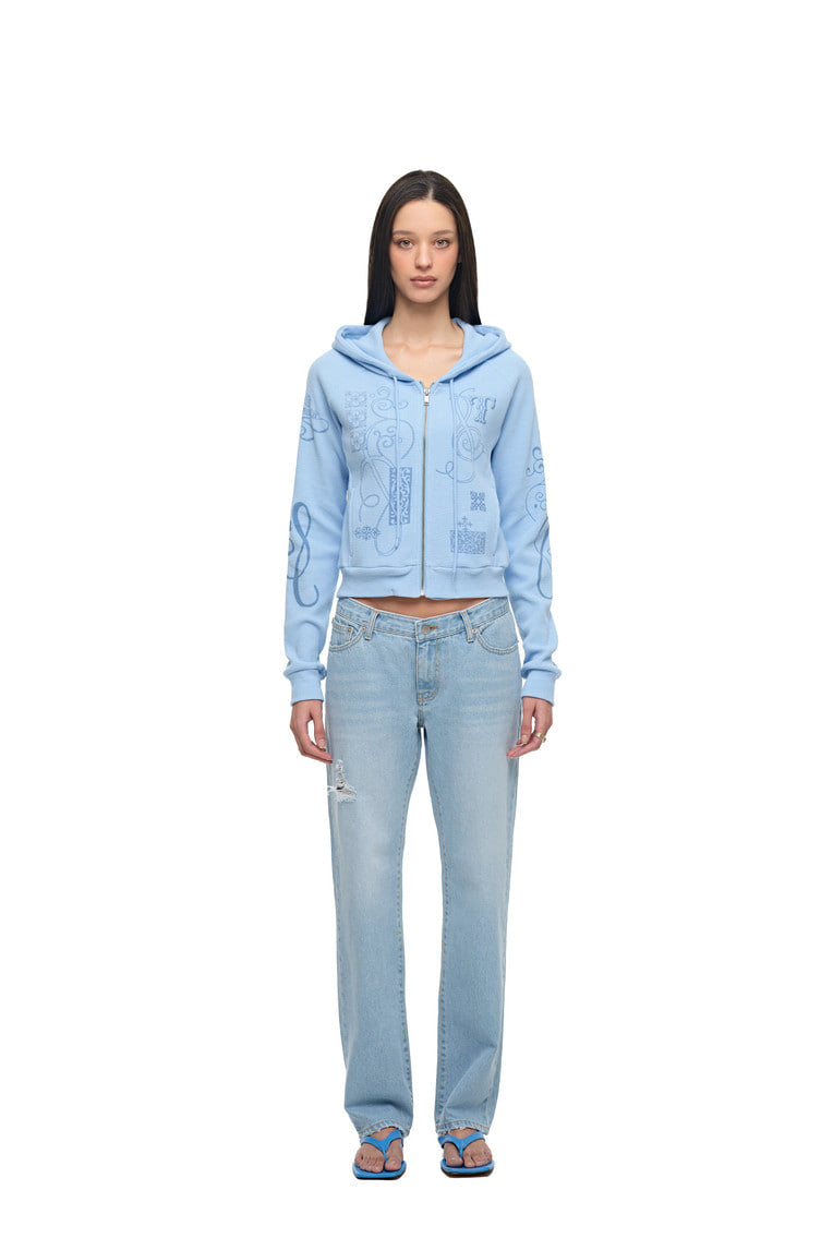 FOLK PATTERN CROP WAFFLE ZIP-UP HOODIE (LIGHT BLUE)